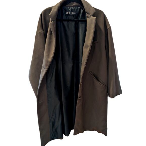 ZARA Oversized Brown Longline Coat Wool Look Lined Womens XL Pea Coat Winter - Picture 2 of 7